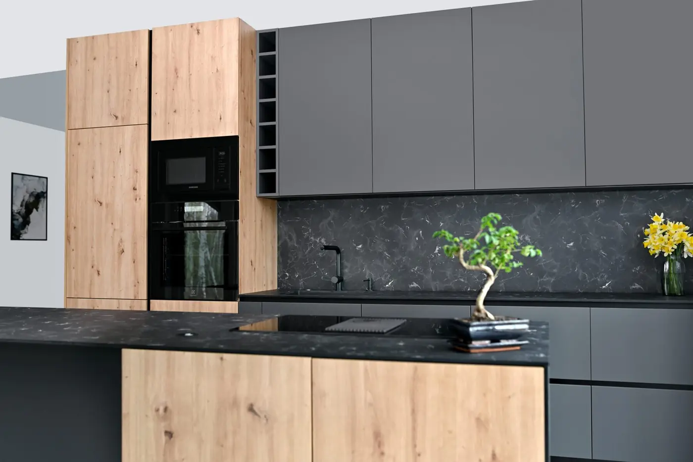 Graphite kitchen with oak tall units, made to measure